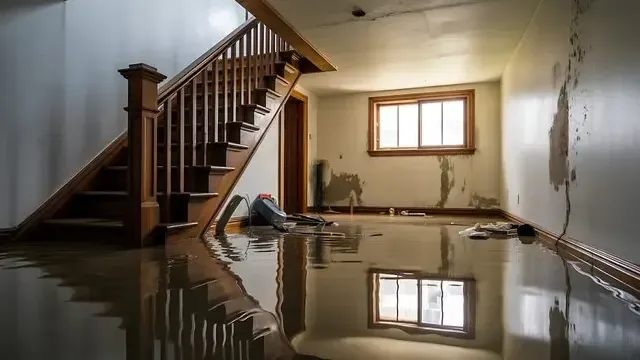 Standing floodwater reaching the lower steps inside a basement with stained walls
