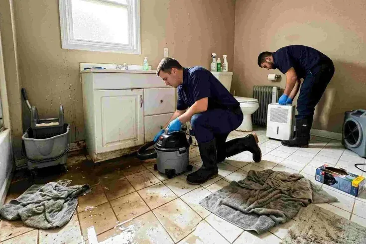 Two workers use cleanup equipment on a bathroom floor beside a sink and toilet